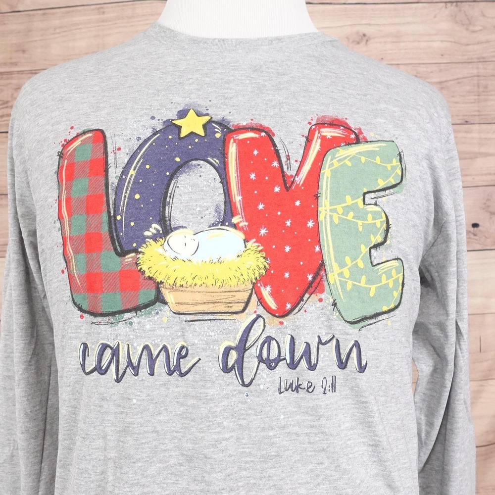 New! Love In Faith Shirt XL Gray Love Came Down Luke 2:11 Christmas Graphic Tee